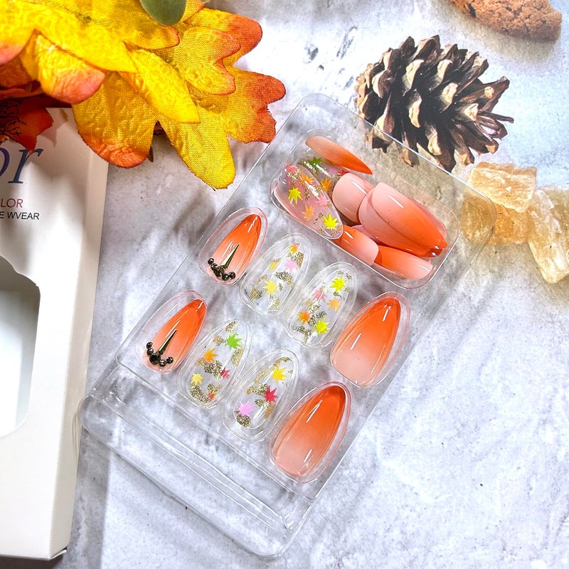 CJDLTS Thanksgiving Day Press on Nails Almond Tip Maple Leaf False Nail Full Cover Glossy Gradient Stick on Nail Acrylic Rhinestones Artificial Fingernails Fall Festival Glue on Nails for Women 24Pcs - Image 3